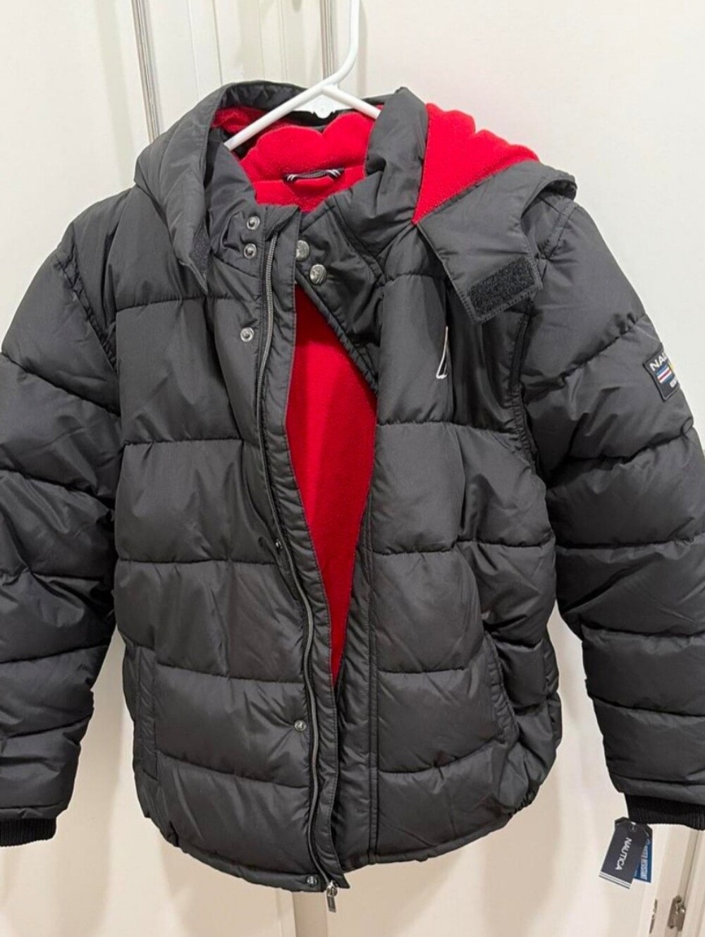 Nautica Black Puffer Jacket with Red Hood Lining